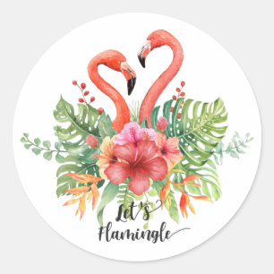 Tropische Waterverf Flamingo's & Hibiscus Pun Ronde Sticker