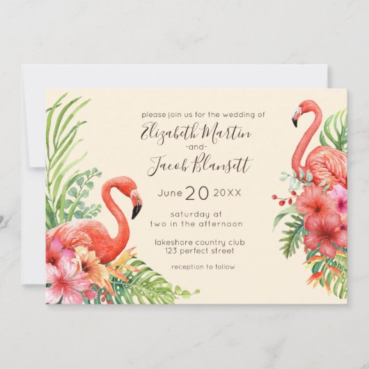 Tropische Waterverf Flamingos & Hibiscus Wedding Kaart (Voorkant)