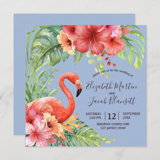 Tropische Waterverf Flamingos & Hibiscus Wedding Kaart (Voorkant / Achterkant)