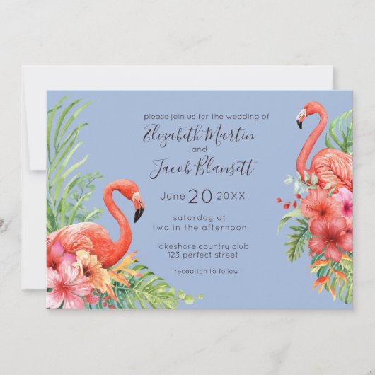 Tropische Waterverf Flamingos & Hibiscus Wedding Kaart (Voorkant)