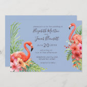 Tropische Waterverf Flamingos & Hibiscus Wedding Kaart (Voorkant / Achterkant)
