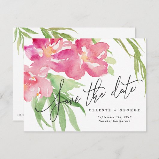 Tropische waterverf floraal sparen de datum aankondigingskaart (Voorkant / Achterkant)