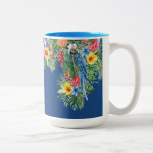 Tropische Waterverf Floral Blue Parrot Monogram Tweekleurige Koffiemok
