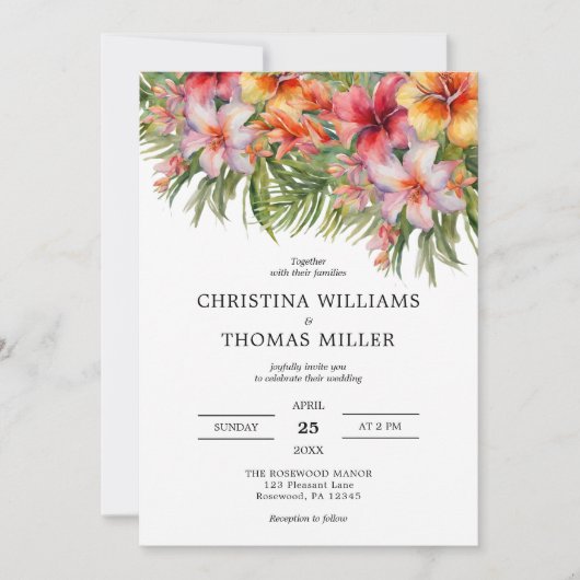 Tropische Waterverf Floral bruiloft uitnodiging (Voorkant)