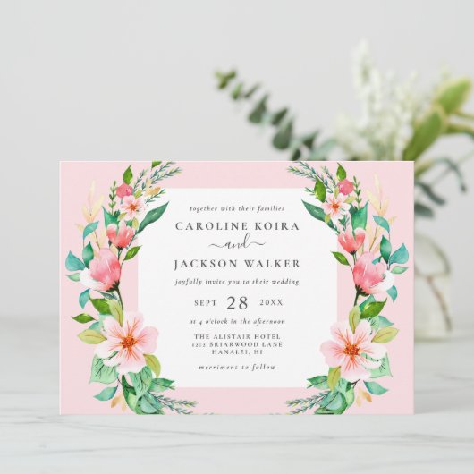 Tropische Waterverf Floral bruiloft uitnodiging (Staand voorkant)