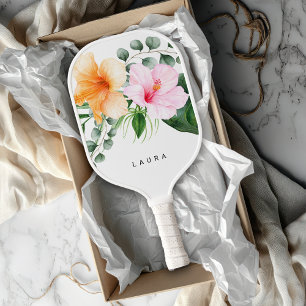 Tropische Waterverf Floral Hibiscus met naam Pickleball Paddle