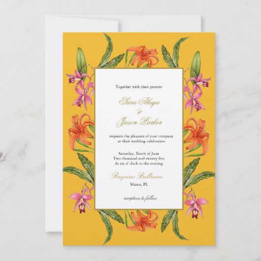 Tropische Waterverf Floral Mustard Wedding Kaart (Voorkant)