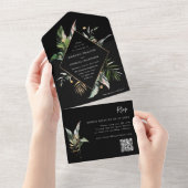 Tropische Waterverf Foliage Black Wedding QR Code All In One Uitnodiging (Afscheurbaar)