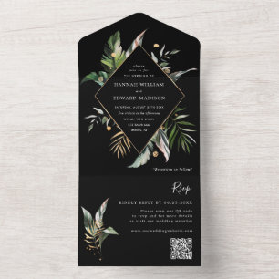Tropische Waterverf Foliage Black Wedding QR Code All In One Uitnodiging