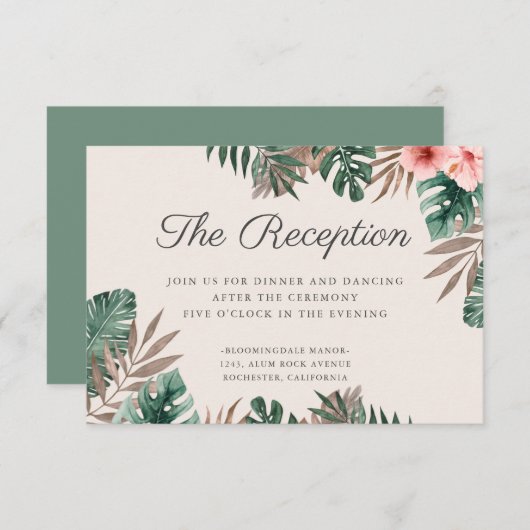 Tropische Waterverf Foliage Bruiloft Receptie Informatiekaartje (Voorkant / Achterkant)