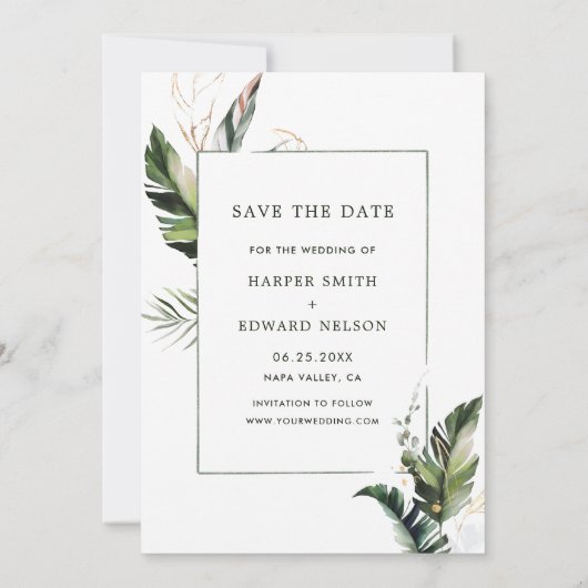 Tropische Waterverf Foliage Fotobruiloft Save The Date (Achterkant)