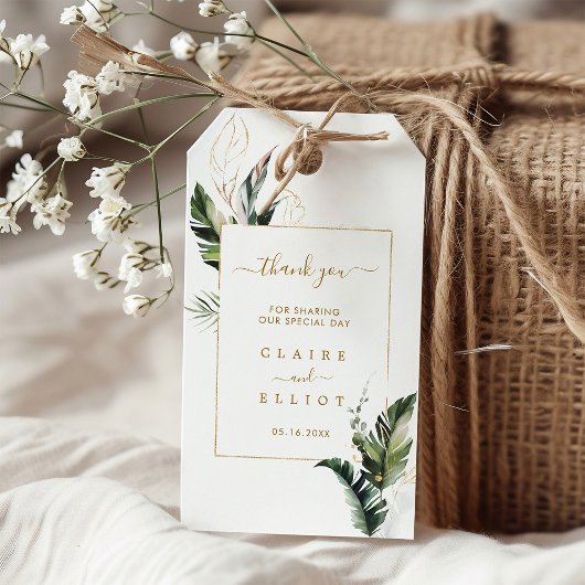 Tropische Waterverf Foliage Gold bruiloft dank u Cadeaulabel