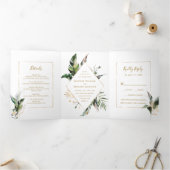 Tropische Waterverf Foliage Gold Lijst Weddenschap Drieluik Uitnodiging (Binnen)