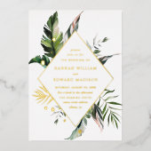 Tropische Waterverf Foliage Gold Lijst Weddenschap Folie Uitnodiging (Voorkant)