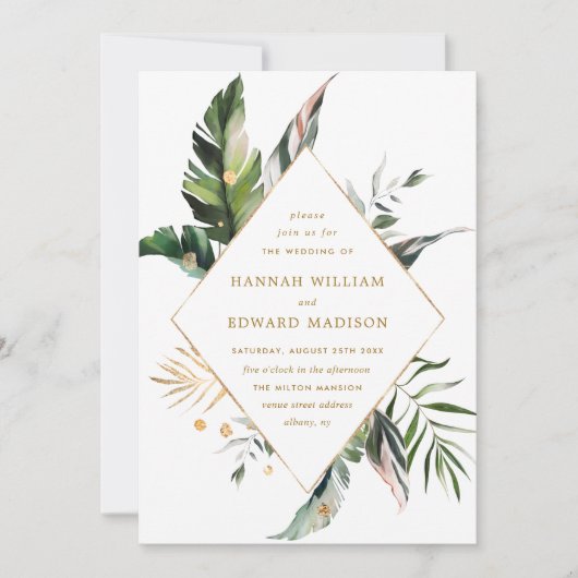 Tropische Waterverf Foliage Gold Lijst Weddenschap Kaart (Voorkant)