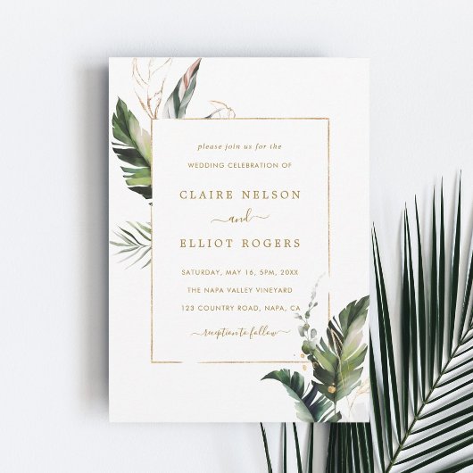Tropische Waterverf Foliage Gold Lijst Weddenschap Kaart