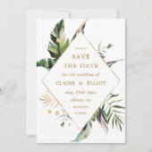 Tropische Waterverf Foliage Gold Lijst Weddenschap Save The Date (Voorkant)