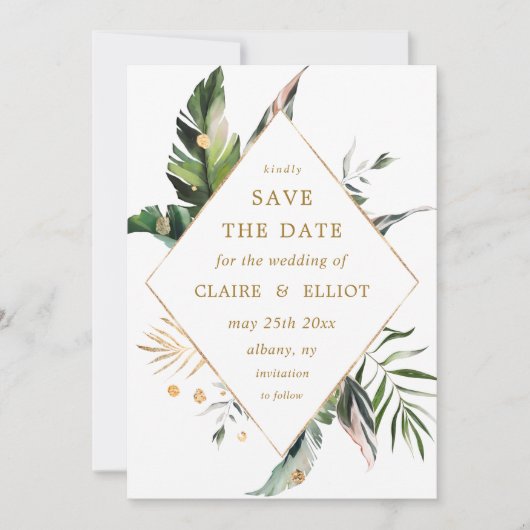 Tropische Waterverf Foliage Gold Lijst Weddenschap Save The Date (Voorkant)