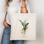 Tropische Waterverf Foliage Gold Script Tote Bag<br><div class="desc">Deze gepersonaliseerde koffie-mok is voorzien van waterverf groene tropische bladeren met goudbladeren accenten. >> Bekijk het hele collectie >>> https://www.zazzle.com/collections/tropical_foliage_gold_collection-119316977990783186</div>