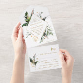 Tropische Waterverf Foliage Gold Wedding All In One Uitnodiging (Afscheurbaar)