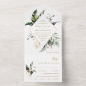 Tropische Waterverf Foliage Gold Wedding All In One Uitnodiging (Binnen)