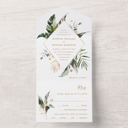 Tropische Waterverf Foliage Gold Wedding All In One Uitnodiging (Binnen)