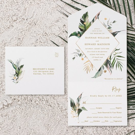 Tropische Waterverf Foliage Gold Wedding All In One Uitnodiging