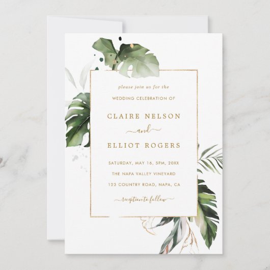 Tropische Waterverf Foliage Gold Wedding Kaart (Voorkant)
