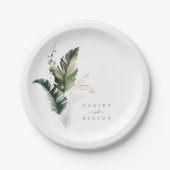 Tropische Waterverf Foliage Gold Wedding Papieren Bordje (Voorkant)