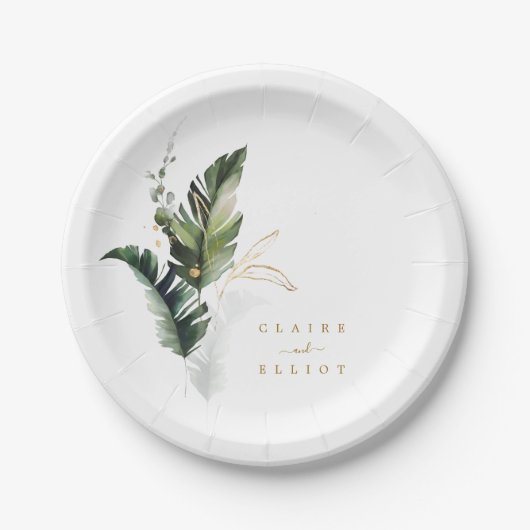 Tropische Waterverf Foliage Gold Wedding Papieren Bordje (Voorkant)