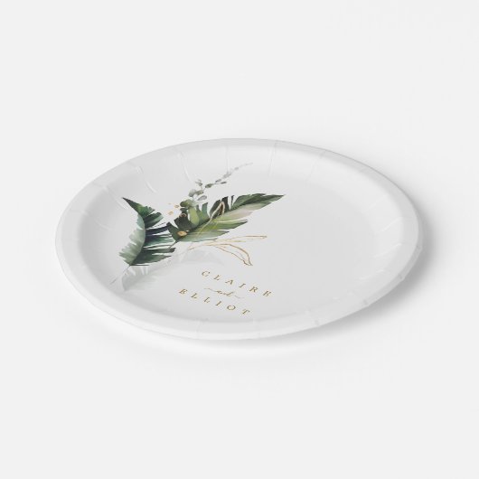Tropische Waterverf Foliage Gold Wedding Papieren Bordje (Gekanteld)