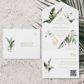 Tropische Waterverf Foliage Gold Wedding QR-code All In One Uitnodiging