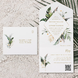 Tropische Waterverf Foliage Gold Wedding QR-code All In One Uitnodiging