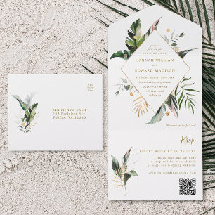 Tropische Waterverf Foliage Gold Wedding QR-code All In One Uitnodiging