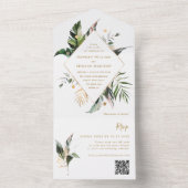 Tropische Waterverf Foliage Gold Wedding QR-code All In One Uitnodiging (Binnen)