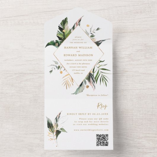 Tropische Waterverf Foliage Gold Wedding QR-code All In One Uitnodiging (Binnen)