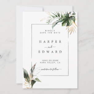 Tropische Waterverf Foliage Green & Gold Wedding Save The Date