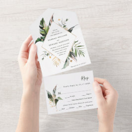 Tropische Waterverf Foliage Green Wedding All In One Uitnodiging