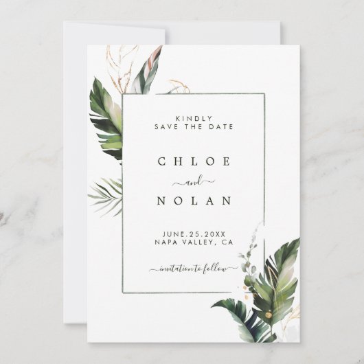 Tropische Waterverf Foliage Green Wedding Save The Date (Voorkant)