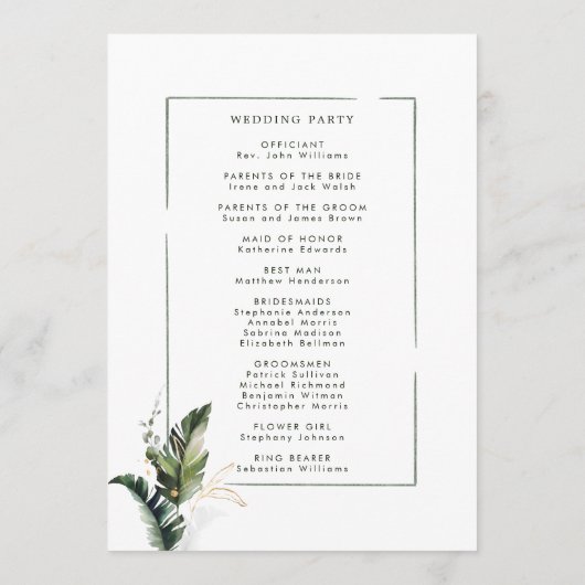 Tropische Waterverf Foliage Trouwceremonie Programmakaart (Achterkant)