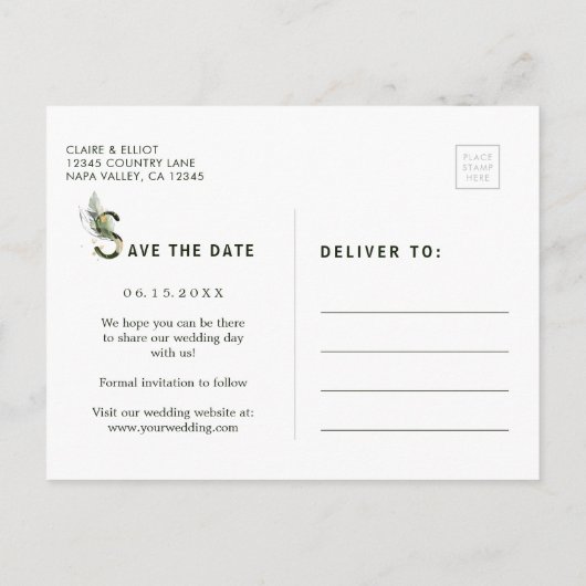 Tropische Waterverf Foliage Weddenschap Bewaar de  Aankondigingskaart (Achterkant)