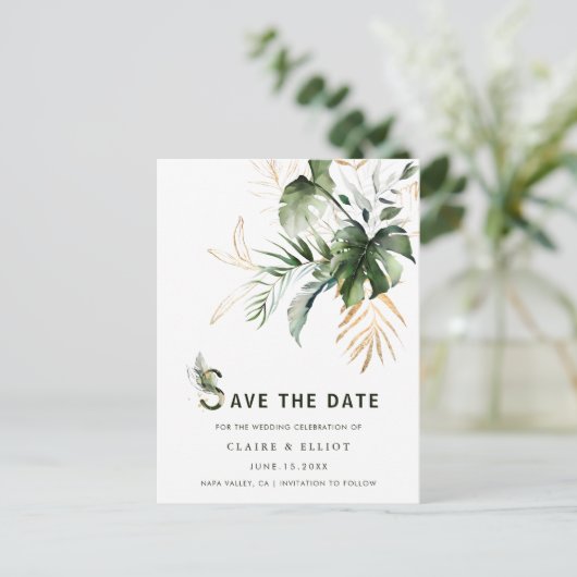Tropische Waterverf Foliage Weddenschap Bewaar de  Aankondigingskaart (Staand voorkant)