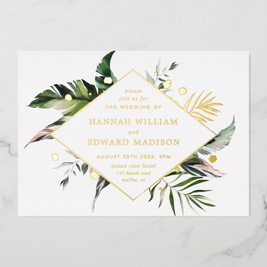 Tropische Waterverf Foliage Weddenschap Gold Folie Uitnodiging (Voorkant)