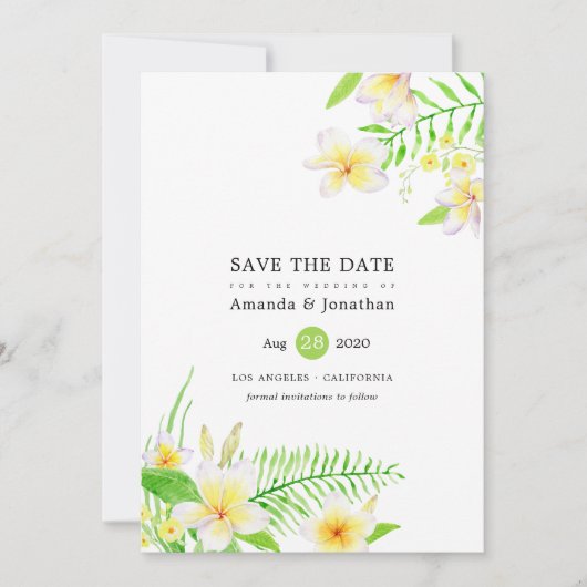 Tropische Waterverf Frangipani Floral Wedding Save The Date (Voorkant)