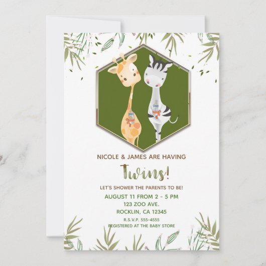 Tropische Waterverf Giraffe en Zebra Baby shower Kaart (Voorkant)