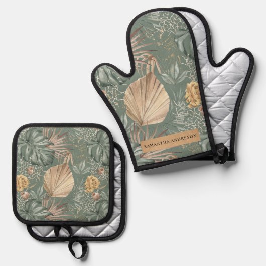 Tropische Waterverf Gold en groen lederen patroon Ovenwant & Pannenlap Set (Voorkant / Achterkant)