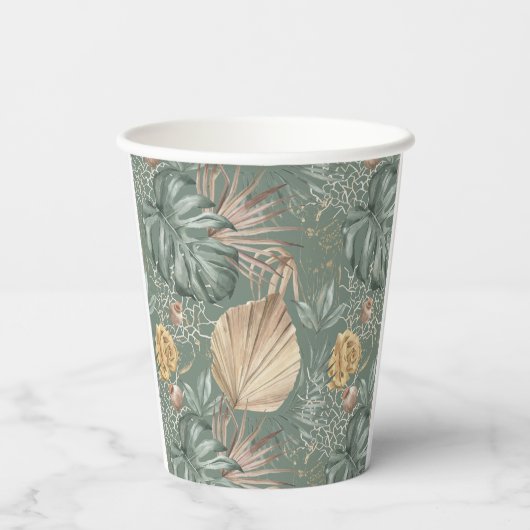 Tropische Waterverf Gold en groen lederen patroon Papieren Bekers (Achterkant)