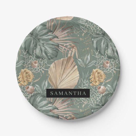 Tropische Waterverf Gold en groen lederen patroon Papieren Bordje (Voorkant)