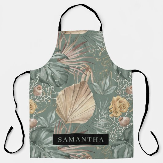 Tropische Waterverf Gold en groen lederen patroon Schort (Voorkant)