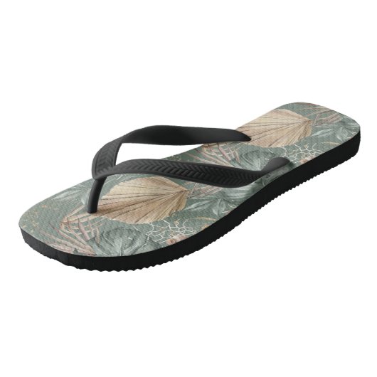 Tropische Waterverf Gold en groen lederen patroon Teenslippers (Schuin)